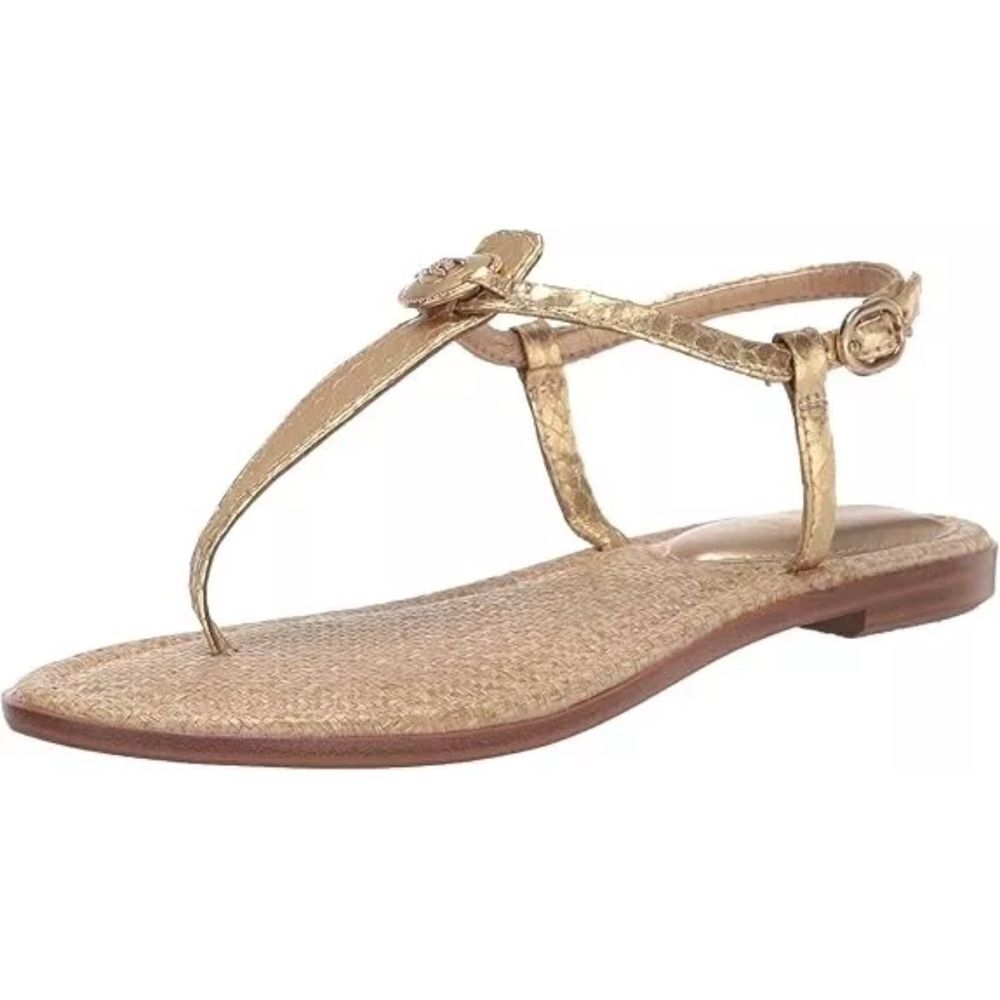 Sam Edelman Gigi Gold Signet Embossed Open Toe Ankle Strap Flats Sandals 9